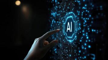 Artificial Intelligence Activation Hand Interacting with Futuristic AI Circuitry and Glowing Interface for Technology Concepts. photo