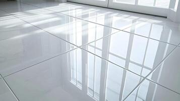 Bright and Clean Polished White Tile Floor Reflecting Sunlight from Windows in a Modern Interior photo