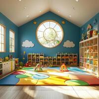 Brightly Lit and Colorful Kindergarten Classroom Interior with Toys, Shelves, Circular Window and a Soft Play Area photo