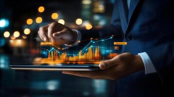 Businessman Holding Tablet with Glowing Financial Charts and Data Visualization for Investment Analysis and Market Trends photo