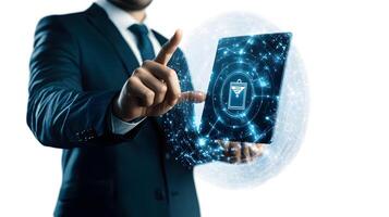 Businessman Interacting with Digital Tablet Displaying Checkmark. Futuristic Interface for Business and Technology. photo