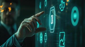 Businessman Interacting with Futuristic Interface Displaying Icons, Data Visualization, and Business Analytics for Modern Technology photo