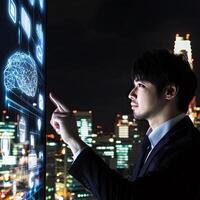 Businessman Interacting with Futuristic Interface Against Cityscape, Demonstrating Artificial Intelligence, Data Management, and Technology Integration. photo