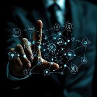 Businessman Interacting with Futuristic Network Interface Security, Data, and Connectivity Concept with Glowing Icons photo