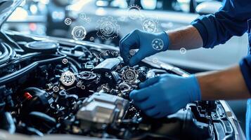 Car Mechanic Fixing Engine with Gears Overlay, Automotive Maintenance and Repair, Expert Technician Service, Modern Technology Integration. photo