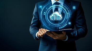 Cloud Data Analytics Management with Businessman Secure Data Storage, Processing, and Insights in the Digital Age. photo