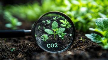 CO2 Reduction with Plant Growth CloseUp View Through Magnifying Glass on Soil and Seedlings photo