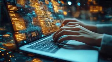 Coding on Laptop with Hands Typing Overlays. Cybersecurity, Future Technology, Programming and Development Concepts. photo