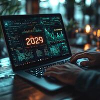 Coding the Future Laptop Displaying 2029 Date with Data Charts, Hands Typing on Keyboard, Modern Technology photo