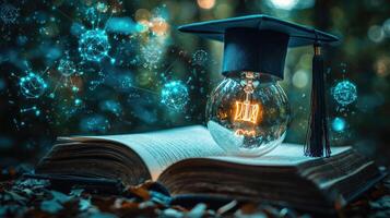 Concept of Education and Knowledge Lightbulb with Graduation Cap on Old Book with Floating Symbols. photo