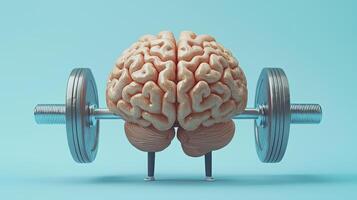 Conceptual 3D Rendering of a Brain Lifting Weights on a Light Blue Background Promoting Mental Fitness and Health photo