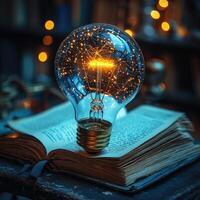 Concept of Knowledge Light Bulb on Open Book Symbolizing Education, Innovation, and Connection photo