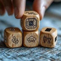 Conceptual Artificial Intelligence Wooden Dice Stacked with AI Icons showcasing Machine Learning, Robotics, and Cloud Computing. photo