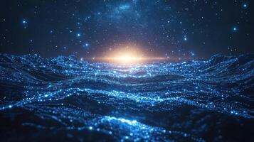 Cosmic Ocean Waves of Light Celestial Abstract Landscape with Starry Sky and Galaxy Illumination photo