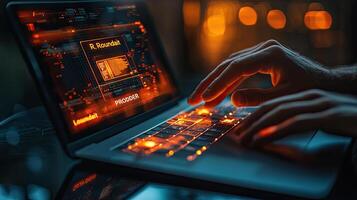 Cyber Security Professional Working on Laptop with Code Overlay Futuristic Data Analysis Concept photo