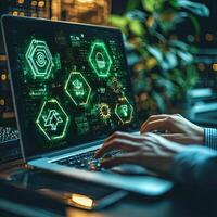 Cyber Security System on Laptop Screen Displaying Encryption Technology and Man Typing Code on Keyboard Concept photo