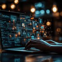 Data Analysis and Visualization on Laptop Business Intelligence with Futuristic Technology Interface for Big Data Analysis. photo