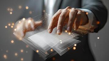 Data Management and Handling Business Man Interacting with Digital Information Layers with Modern Technology. photo