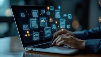 Data Management on Laptop Digital Documents, Analytics, and Security Flow with User Interaction, Modern Technology photo