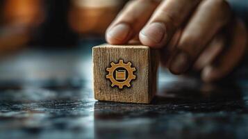 Data Management Automation Wooden Block with Cogwheel Icon and Hand on Dark Textured Surface for SEO photo