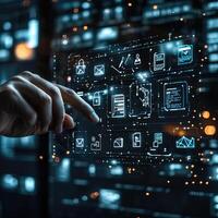Data Management System with Digital Interface Finger Touching Icons for Cybersecurity and Access on Futuristic Touchscreen photo