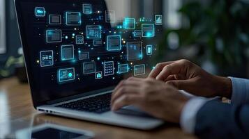 Data Management System Businessman Typing on Laptop with Digital Flow and Cloud Computing, High Technology photo