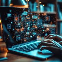 Data Network Connection On Laptop Keyboard Cybersecurity, Global Communication, Artificial Intelligence, and Virtual Technology Concept. photo