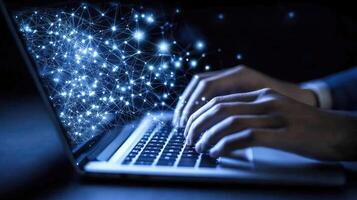 Data Network Connection on Laptop Cybersecurity, Artificial Intelligence, Cloud Computing, and Digital Transformation Concept. photo