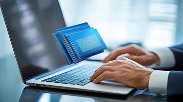 Data Processing on Laptop Businessman Analyzing Information with Digital Blue Documents for Efficient Workflow and Solutions photo