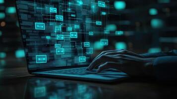 Data Processing on Laptop with Abstract Visualization Cybersecurity, Artificial Intelligence, and Quantum Computing Concept photo