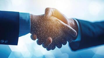 Digital Business Agreement Handshake with Network Connection for Global Partnerships, Technology, Collaboration, and Success photo