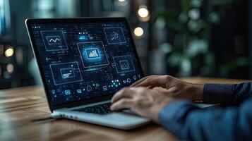 Digital Business Analysis Person Using Laptop with Data Analytics Interface and Business Intelligence Icons for Strategy photo