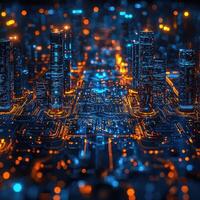 Digital Circuit Board Cityscape with Glowing Networks, Information Flow, Futuristic Urban Grid, Data Streams, and Communication Infrastructure photo