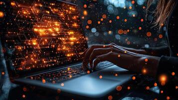 Digital Circuit Laptop Coding Woman Typing with Flowing Data Visualization for Cybersecurity and Technology Concepts photo