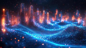 Digital Cityscape on a Waving Data Stream Futuristic Tech, Cybersecurity, and Data Network Concept with Vibrant Lighting. photo