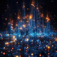 Digital Cityscape with Glowing Networks, Futuristic Data Flow, and Abstract Urban Skyline in Cyberspace photo