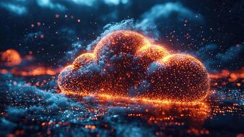 Digital Cloud Computing Network Technology Abstract Background with Glowing Orange Particles and Blue Haze. photo