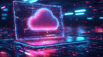 Digital Cloud Computing on Laptop Screen Futuristic Technology, Cyber Security, and Data Storage photo