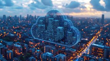Digital Cloud Computing Over Cityscape Network Infrastructure, Technology Solutions, Data Storage, and Secure Connections photo