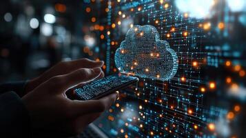 Digital Cloud Technology Connection Person Using Smartphone Accessing Secure Cloud Data and Network Connectivity Solution photo