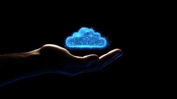 Digital Cloud Technology Held in Palm Data, Networks, and Connection Concept in Dark Background photo