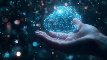 Digital Cloud Technology Held in Hand Data Storage, Networking, Connectivity and Modern Computing photo