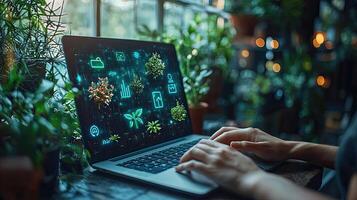 Digital Ecology Laptop Displaying Plant Data with Hands Typing Amidst Lush Greenery, Sustainable Technology Concept photo