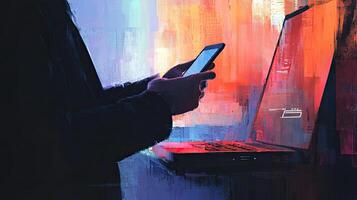 Digital Era Abstract Anonymous Figure Using Phone and Laptop in a Modern, Colorful Digital Landscape photo