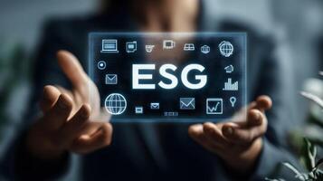 Digital ESG Concept Presented by Person With Emerging Technology and Icons For Sustainability, Governance and Environmental Initiatives photo