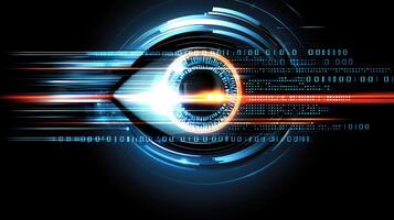 Digital Eye Abstract Technology Concept with Binary Code and Cybernetic Elements for Data Security. photo