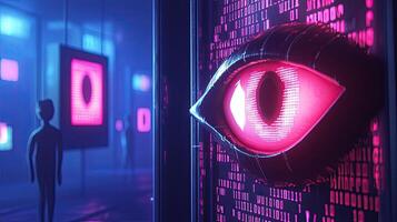 Digital Eye Surveillance in a Futuristic Museum Hallway With Binary Code and Human Figures, Cyberpunk Art photo