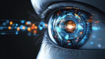 Digital Eye Technology Artificial Intelligence Vision with Futuristic Interface and Data Stream, Cybersecurity Concept photo