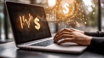 Digital Finance Growth Laptop Displaying Stock Market Data, Dollar Signs, and Financial Technology Visualizations Concept photo