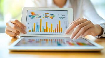 Digital Financial Analysis Businesswoman Analyzing Charts, Graphs, and Financial Data on a Tablet for Strategic DecisionMaking photo